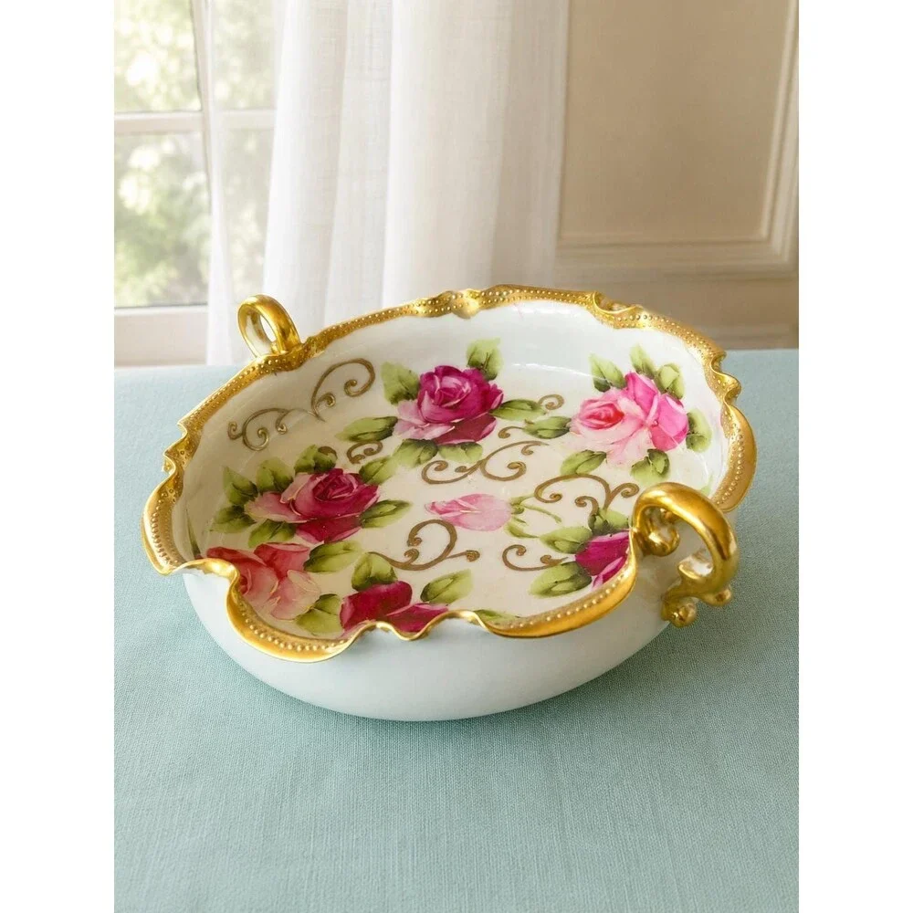 Antique Nippon Hand Painted Rose Porcelain Bowl Gold Trim c.1890s